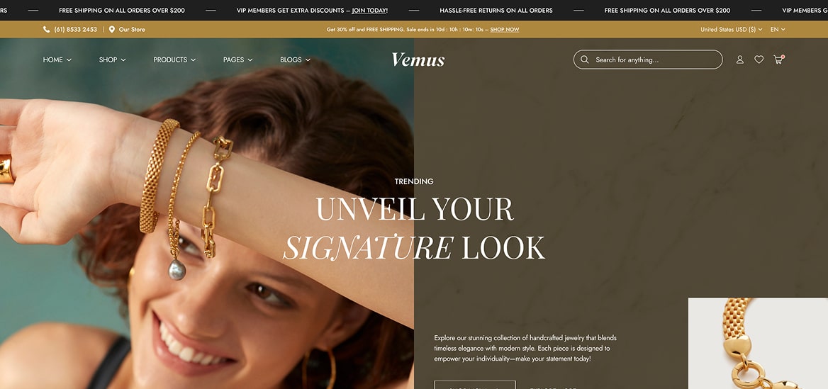 Vemus Jewelry Ecommerce project screenshot